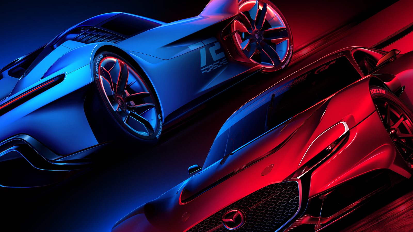 Gran Turismo 7 key art: a blue and a red car nose to nose