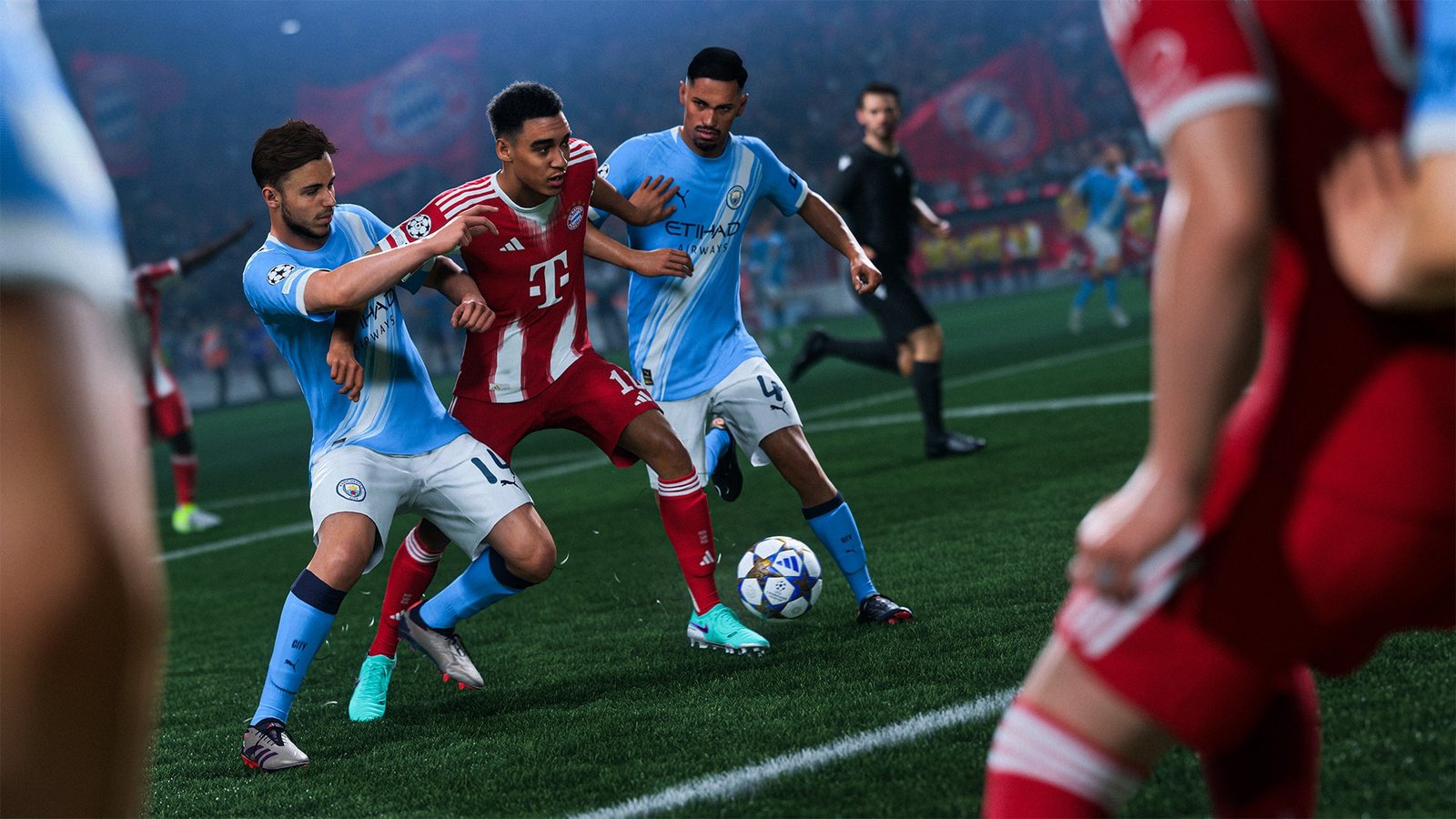 EA SPORTS FC 26: a Bayern player shielding the ball from two defenders