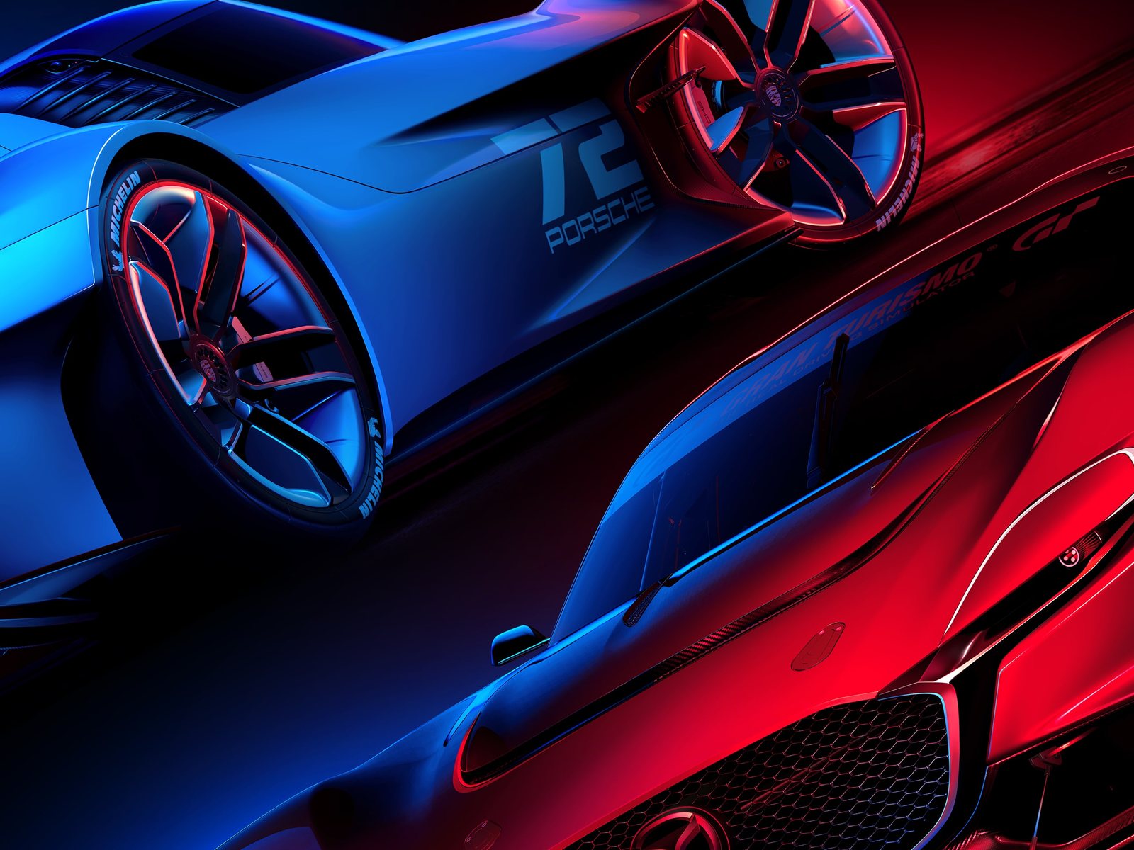 Gran Turismo 7 key art, close crop: the blue and the red car