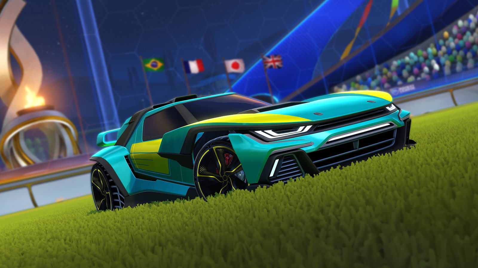 Rocket League: a car on the pitch under stadium lights