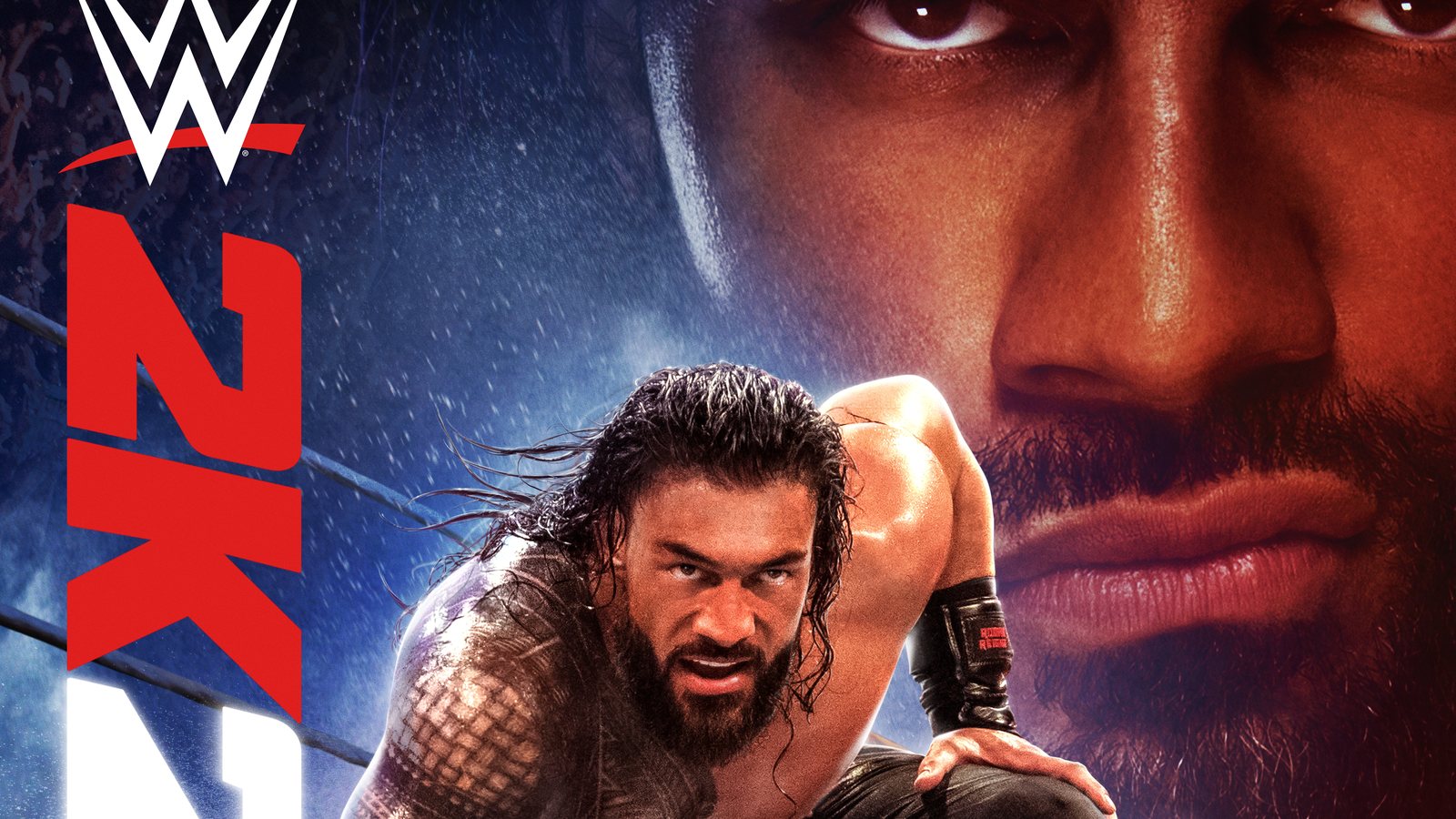 WWE 2K25 key art: Roman Reigns crouched in the ring
